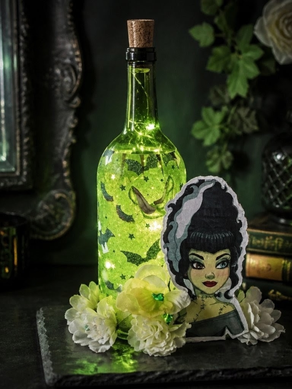 LED Bride Of Frankenstein Bottle Light with Bat Accents - Home Party Supplies